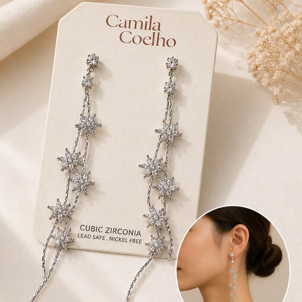 Camila Coelho Starburst Drop Dangle Earrings Silver Clear Cubic Zirconia cute